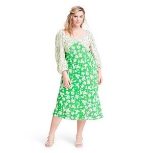 Rixo x Target Green Floral Daisy Puffy Sleeve Summer Midi Dress sz 28W 30W